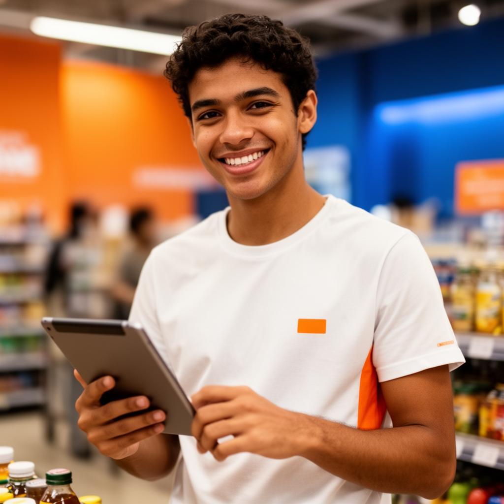 Promotor sorrindo segurando um tablet em um ponto de venda